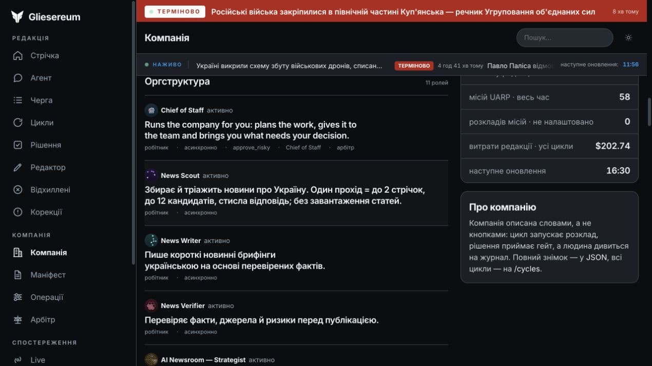 Gliesereum’s actual company page showing Chief of Staff, News Scout, News Writer, and News Verifier roles