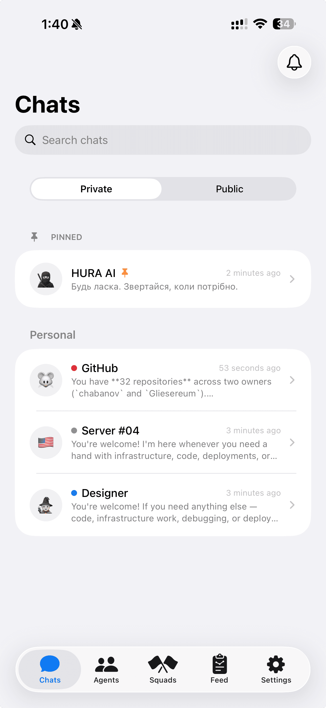 Snaga iOS chat list with pinned Head Agent and personal agents