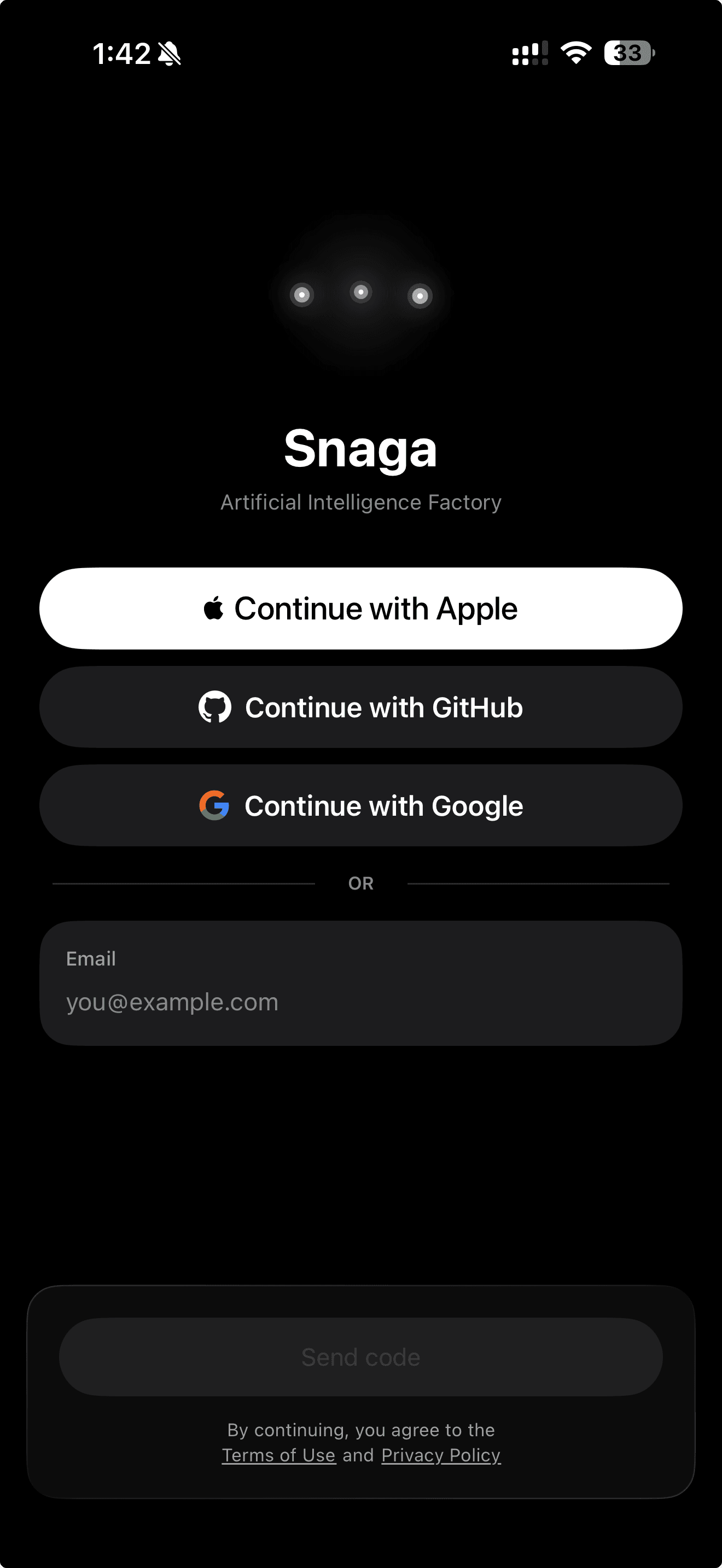 Snaga iOS sign-in screen with Apple, GitHub and Google buttons